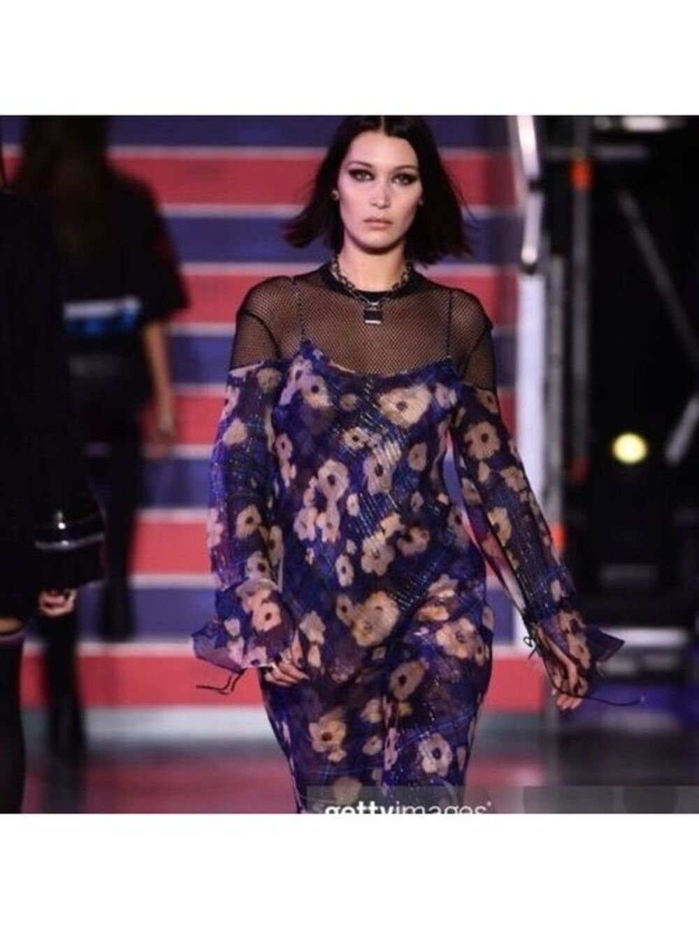 Tommy Hilfiger Bella Hadid Blue Floral Silk Sheer Dress Metal Fiber Fairy Dress
